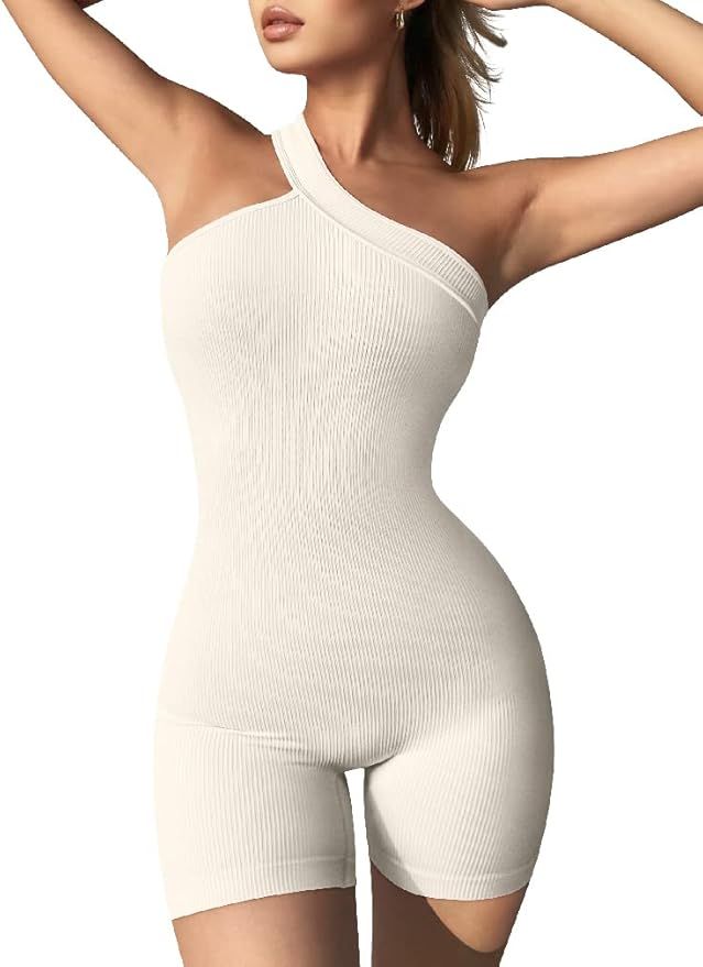 OQQ Women's Yoga Rompers Ribbed One Piece Tummy Control Jumpsuit One Shoulder Romper | Amazon (US)