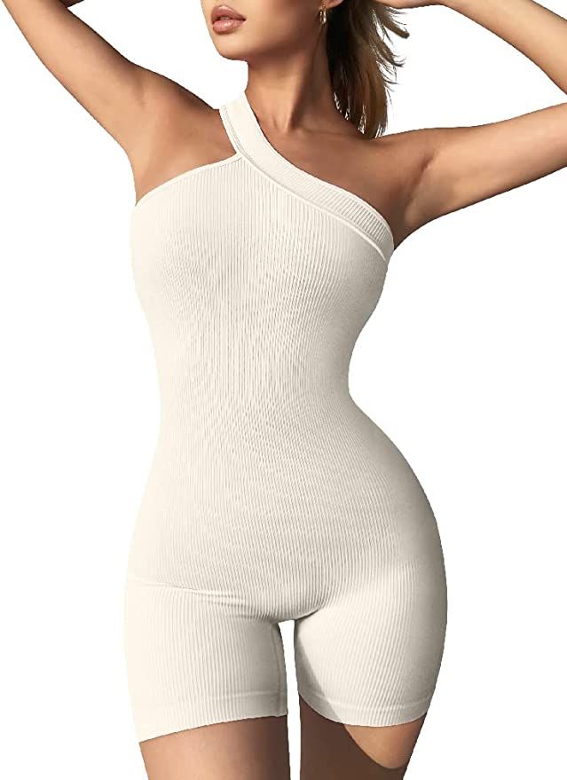 OQQ Women's Yoga Rompers Ribbed One Piece Tummy Control Jumpsuit One Shoulder Romper | Amazon (US)