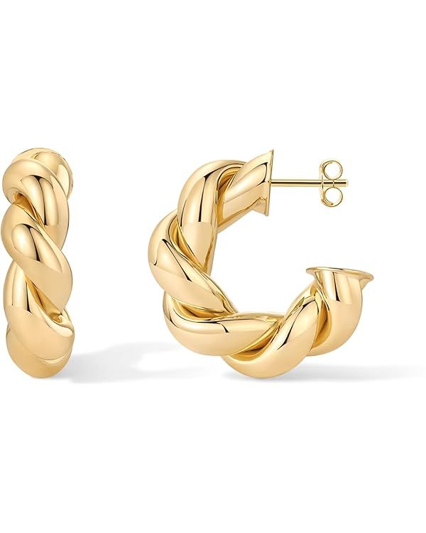 PAVOI 14K Gold Plated Chunky Twisted Puffed Rope Hoop Earrings for Women | Gold Earring Pair | Amazon (US)