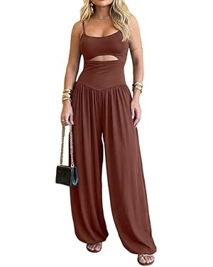 Amazon.com: ChicMe Couture Jumpsuits for Women Sleeveless Cut-Out Waist U-Neck Backless Tie-Back ... | Amazon (US)