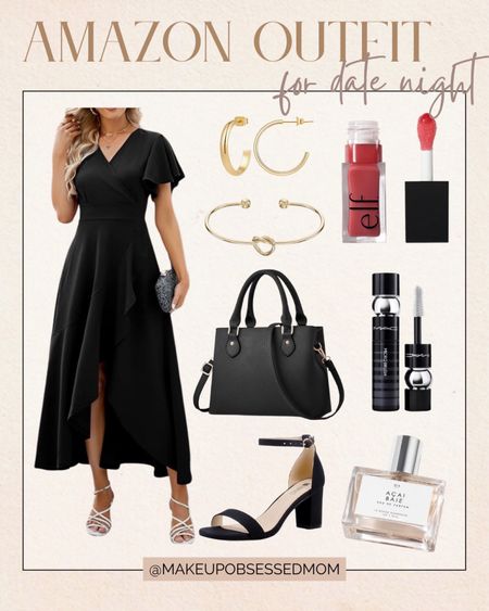 Here's an all-black outfit style that you can copy for your date night: a black maxi dress, gold hoop earrings & a cute infinity-detailed bracelet, tinted lip balm, black belt bag, brow refiner, black heels, and a perfume for a perfect scent! #petitefashion #datenightoutfit #modestfashion #affordablestyle

#LTKshoecrush #LTKbeauty #LTKstyletip