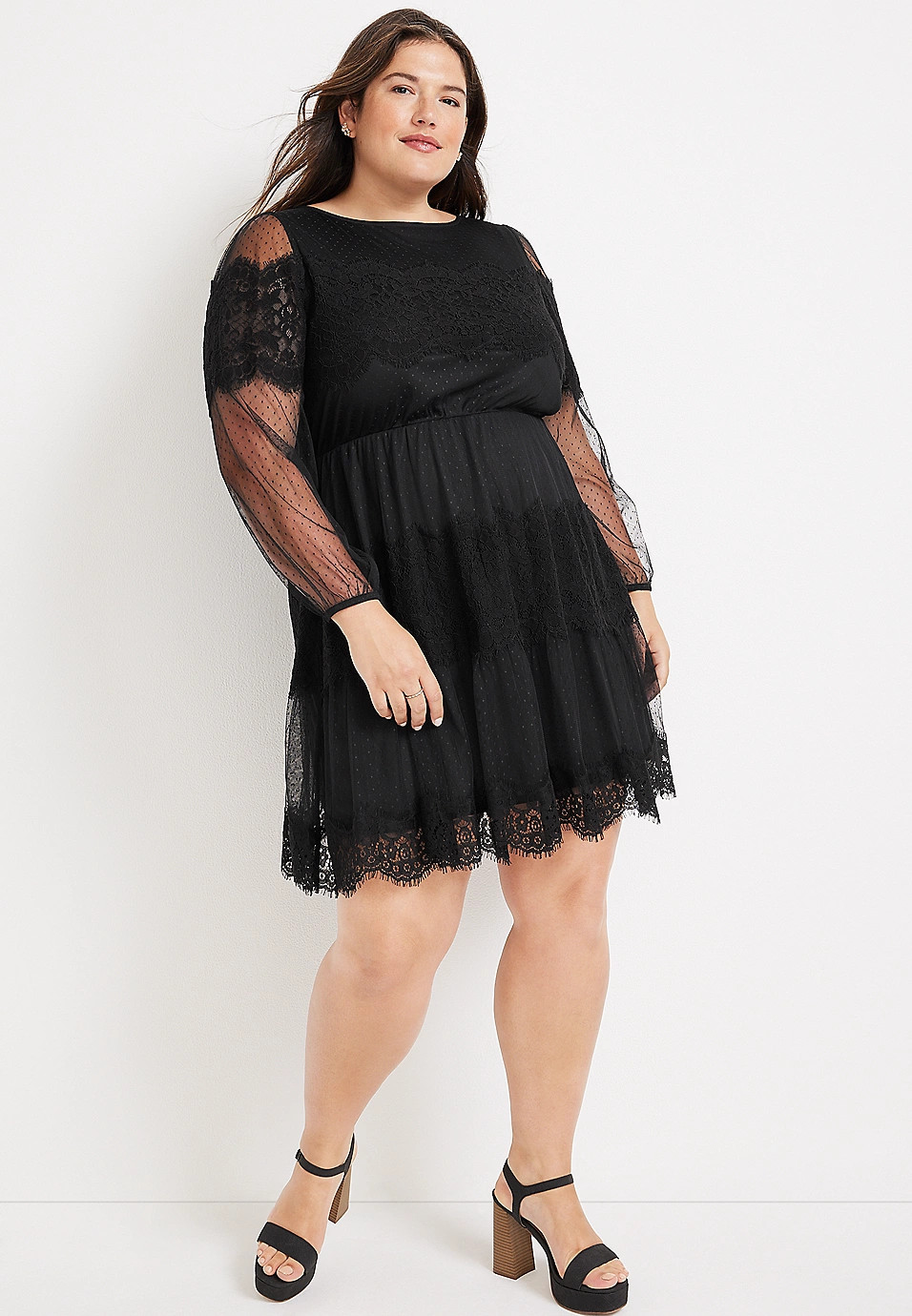 Plus Size Sheer Lace Long Sleeve Mini Dress | Maurices