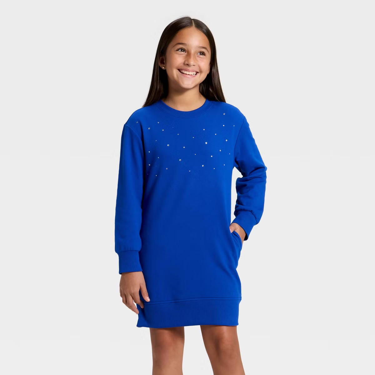 Girls' Long Sleeve French Terry Rhinestone Dress - Cat & Jack™ Blue S | Target