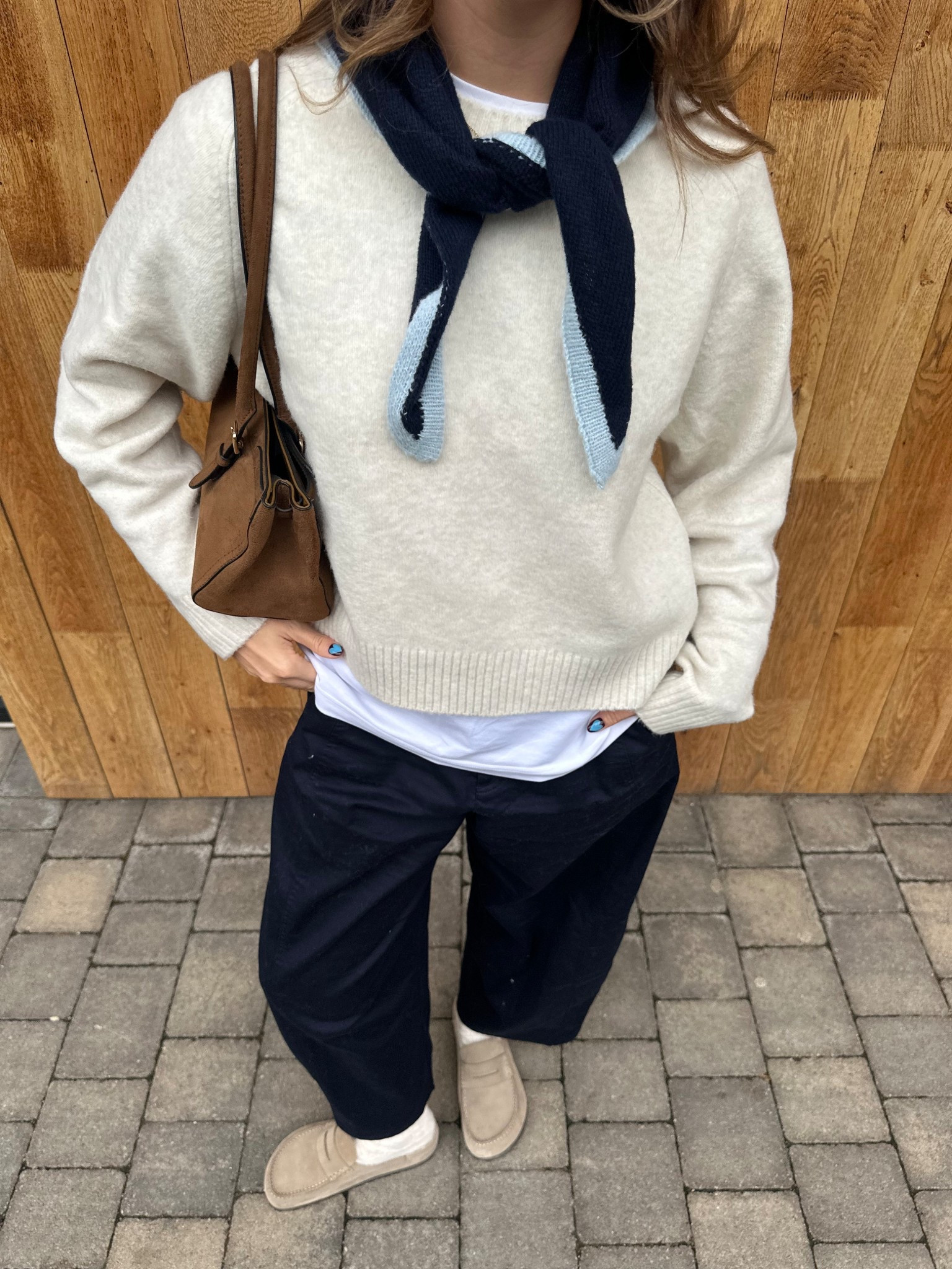 Uniqlo barrel leg trouser, white tee, cream knit, navy scarf, suede bag, Birkenstock Arizona, chunky sock 

#LTKuk #LTKautumn #LTKstyletip
