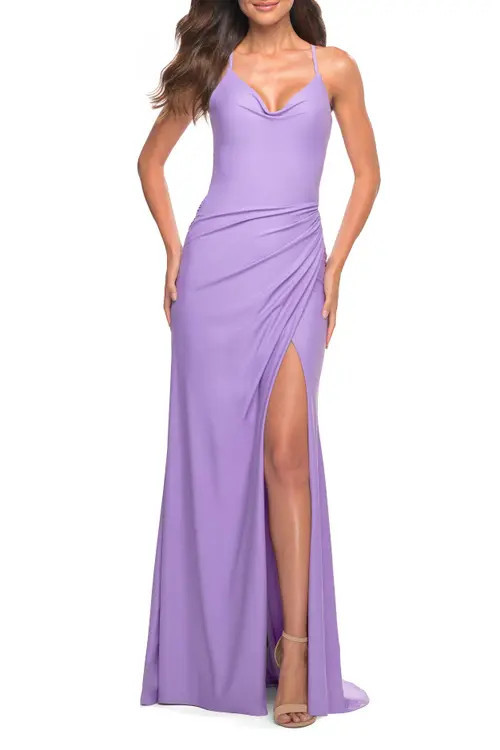 La Femme Long Pastel Dress with Flattering Ruching and Slit in Periwinkle at Nordstrom, Size 2 | Nordstrom
