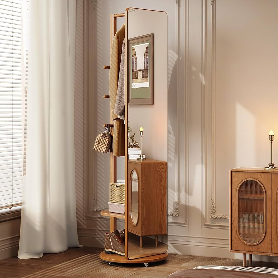 Mirror Coat Rack Full Length Mirror with Stand 360° Rotating Wheels Wood Floor Mirror Full Body ... | Amazon (US)