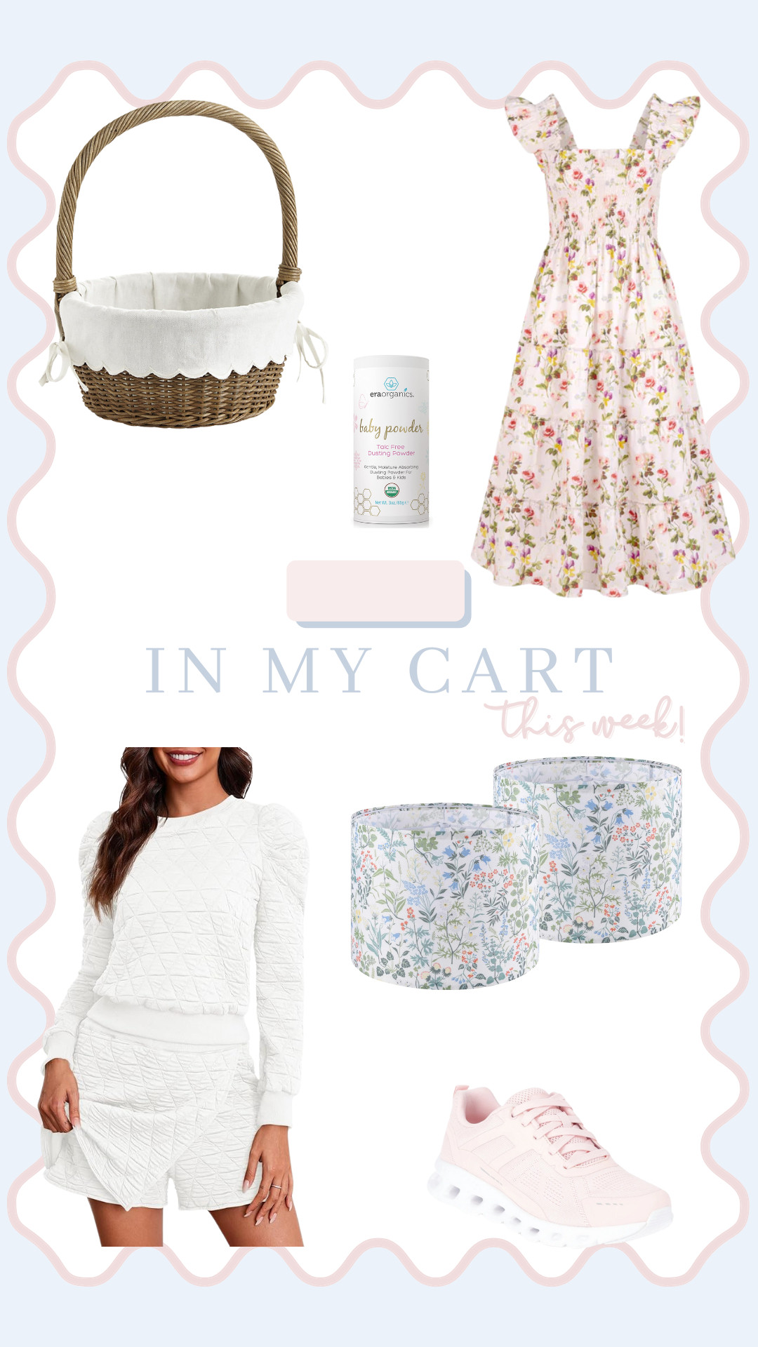 In My Cart this Week - an Easter Basket for Mills, organic baby powder, the newest floral print in the iconic Ellie Nap dress, an Amazon skort set, floral lamp shades, and cutie pink tennis shoes under $25!  

 #LTKSeasonal #LTKHome #LTKFamily