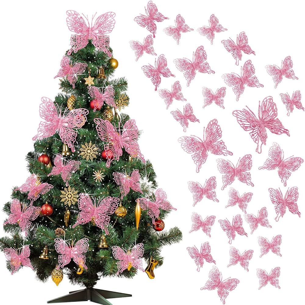 36 Pcs 3 Size Glitter Hollow Butterfly Ornaments Hanging Decorations with Clips and Stems for Xma... | Amazon (US)
