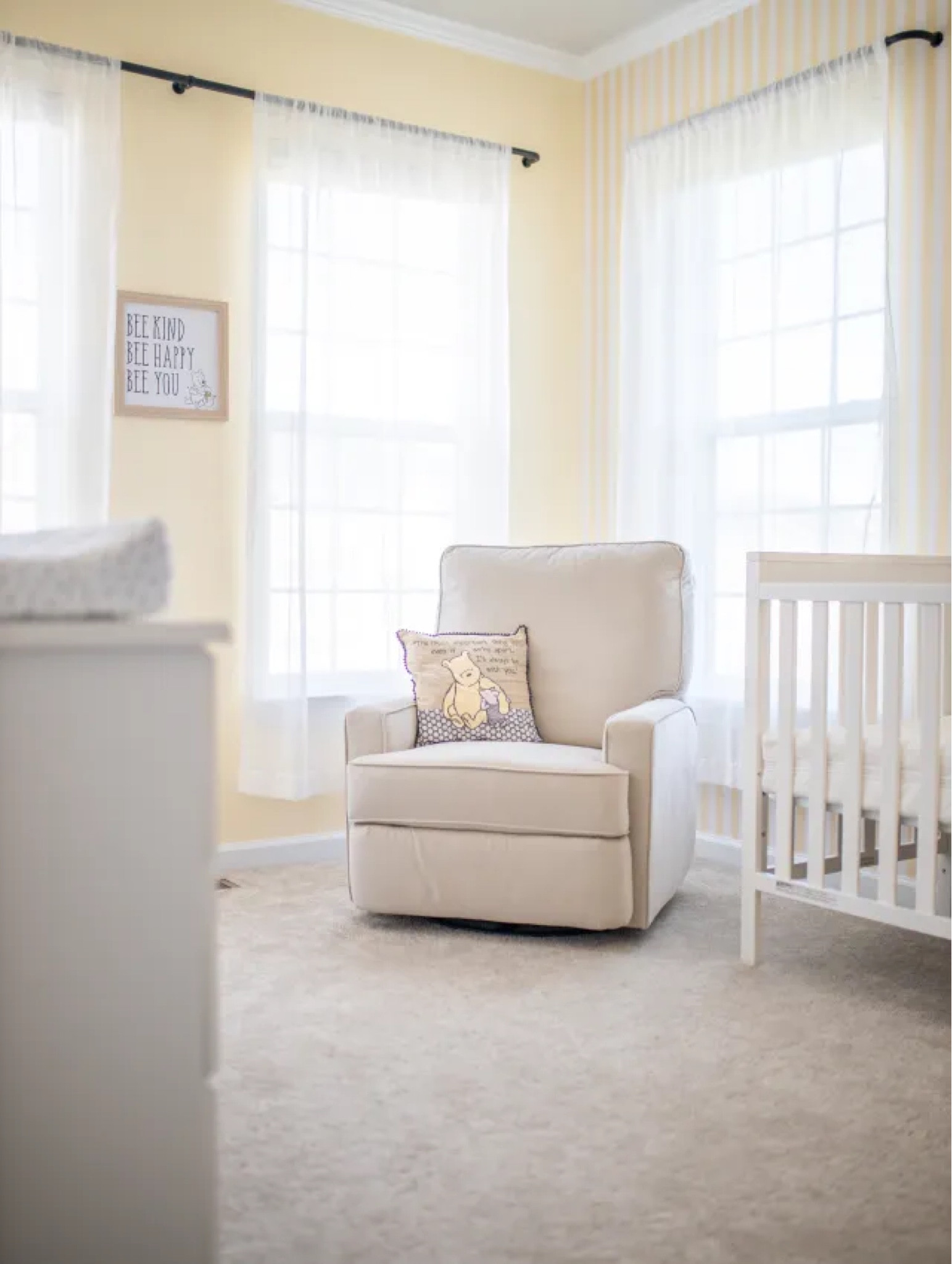 Our classic Winnie the Pooh nursery is one of our favorite rooms in the house! I love the white and yellow striped wallpaper accent wall and simple Pooh Bear touches. This is the perfect gender neutral nursery! 


Nursery design, classic nursery, rocking chair, changing table, baby registry, newborn essentials, swaddles, onesie, baby clothes, newborn clothes, baby boy, baby girl, crib, white crib, greenguard, burp cloth, diapers, baby toys, white curtains, curtain rod, baby blanket

#LTKfamily #LTKhome #LTKbaby