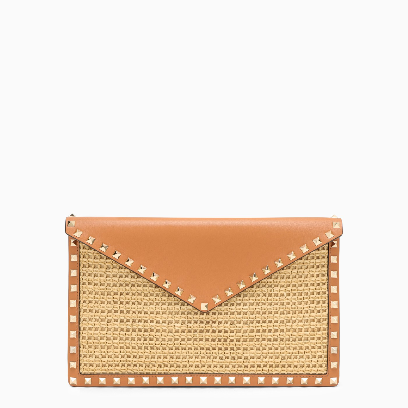 Beige Rockstud clutch in raffia and leather | The Double F