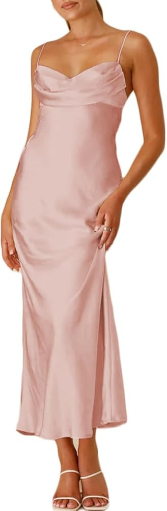 Women's Satin Spaghetti Strap Cowl Neck Backless Midi Wedding Guest Dress Ruched Sleeveless Tie S... | Amazon (US)