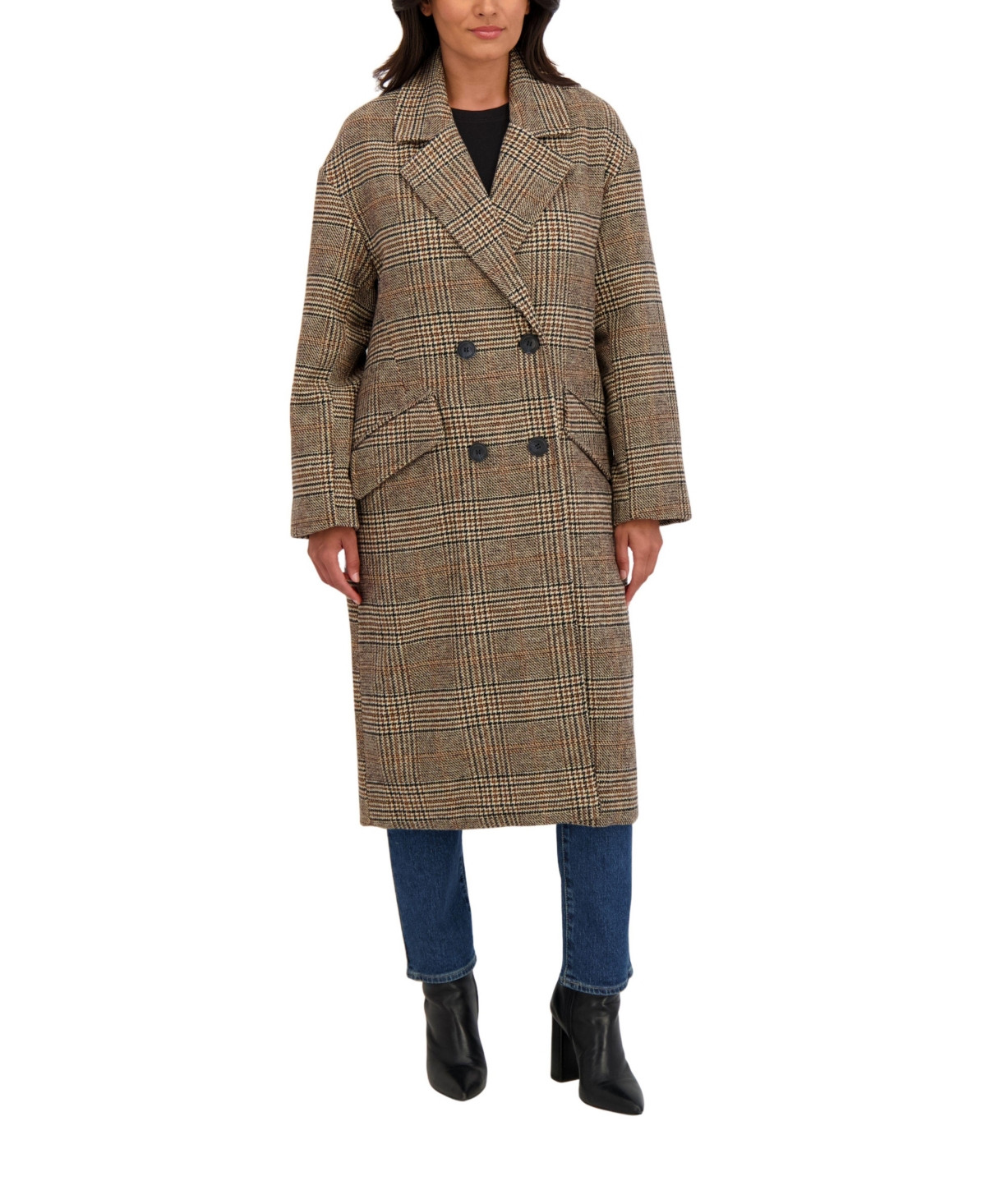 Sebby Collection Women's Long Oversized Double Breasted Faux Wool Coat - Brown/black | Macy's