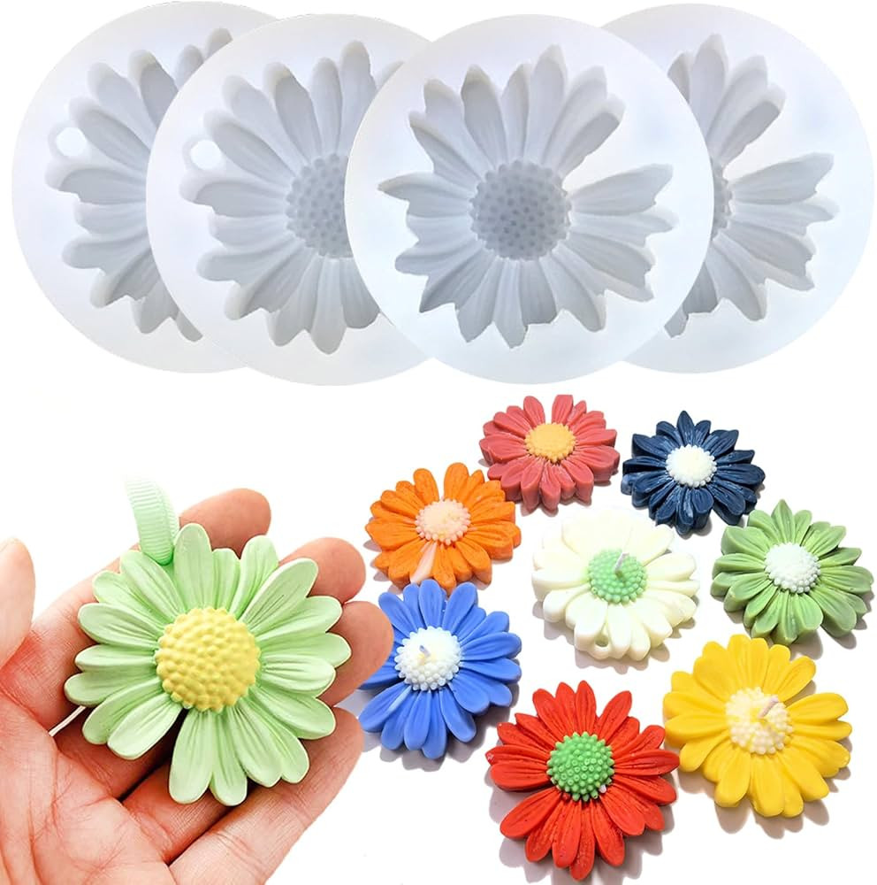 4 PCS Daisy Flower Silicone Molds for Candles, 3D Flower Candle Mold Silicone Daisy DIY Soap Wax ... | Amazon (US)