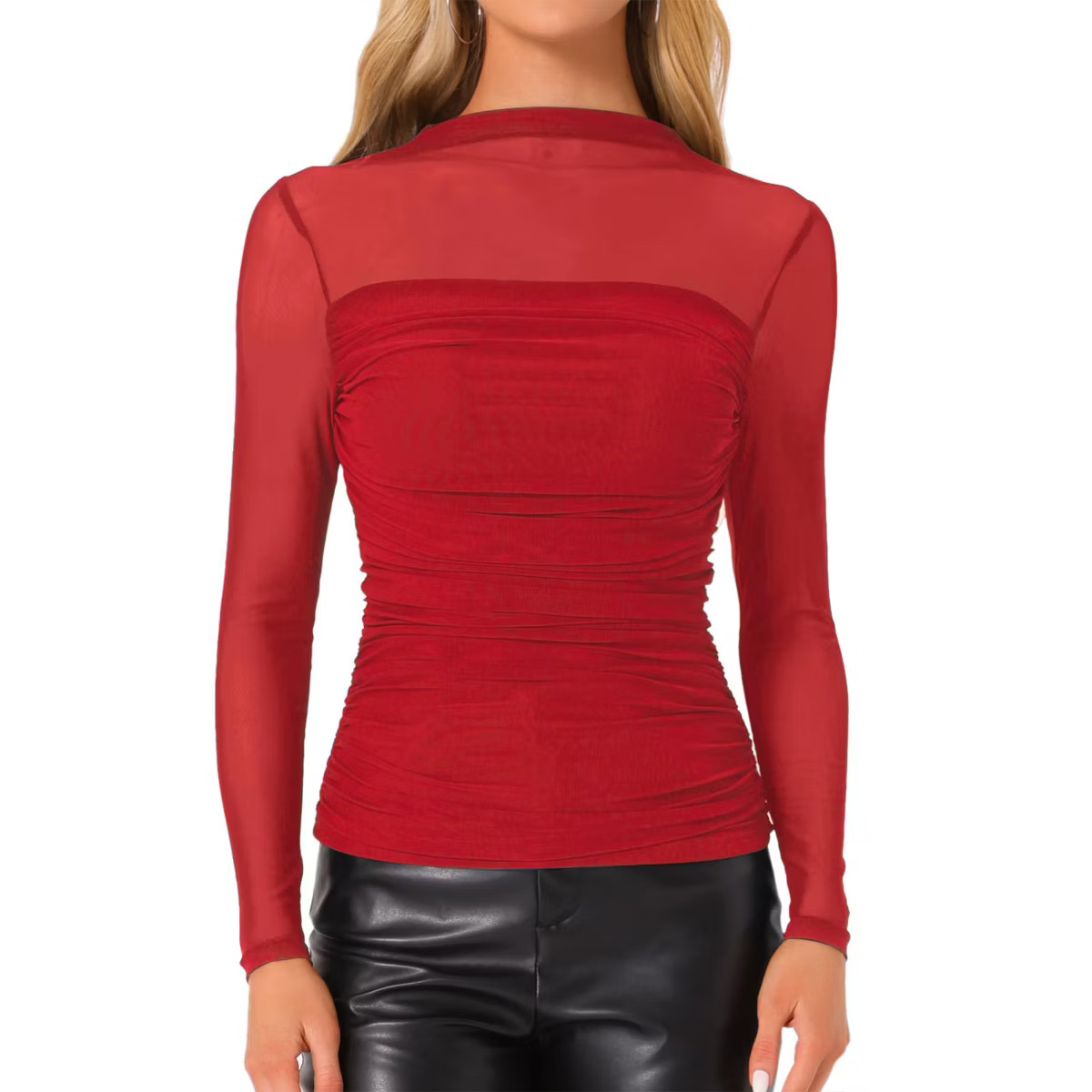 INSPIRE CHIC Women's Solid Mock Neck Mesh Sheer Long Sleeve Ruched Blouses | Target