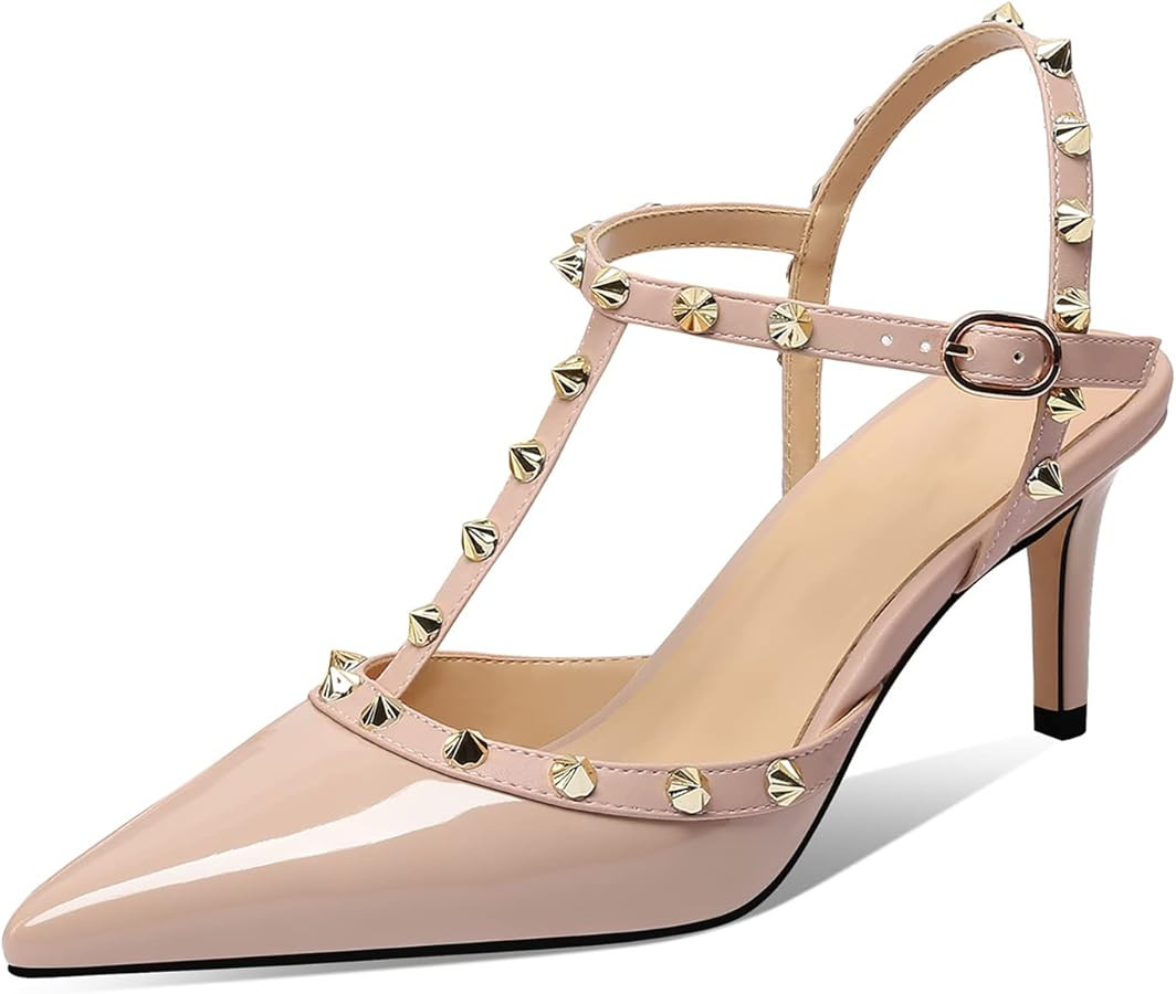 XINIUNIU Studded Heels for Women Kitten Heels with Studs Stiletto Sandals with Rivet Ankle Strap ... | Amazon (US)