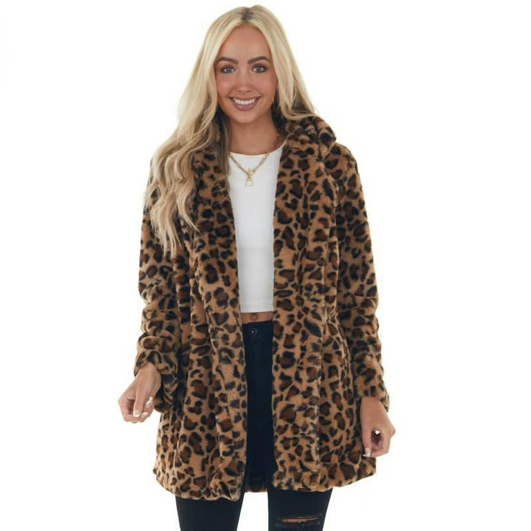 Women's Leopard Faux Fur Pocket Fuzzy Warm Winter Oversized Outwear Long Coat | Walmart (US)