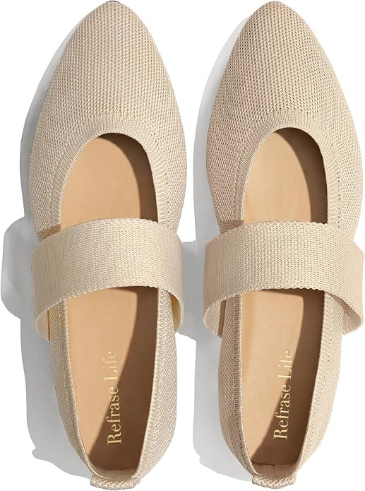 REFRASE LIFE Mary Jane Flats Pointed Toe, Women's Ballet Flats with Wide Strap, Dressy Knit Slip-... | Amazon (US)