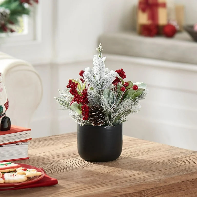 Holiday Time 12” Christmas Artificial Floral Arrangement in Black Ceramic Vase, Green | Walmart (US)