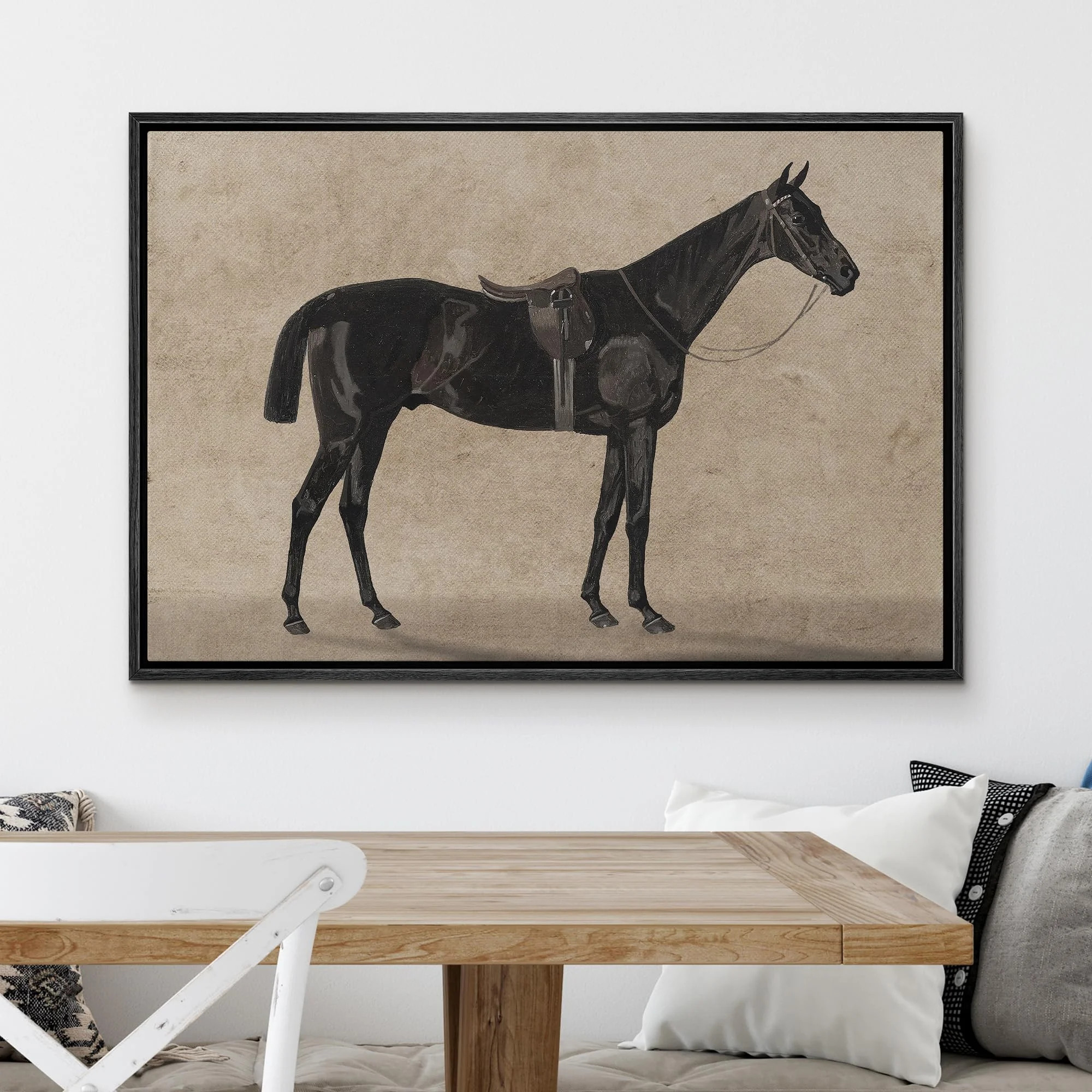 IDEA4WALL Framed Canvas Art Wall Decor Detailed Side Profile of a Black Horse with Saddle Paintin... | Walmart (US)