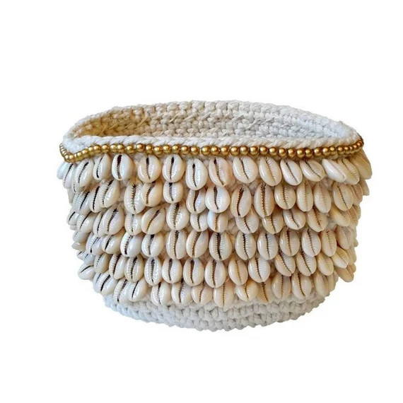 Round crochet basket and shells - Jewelry crochet cup - Makeup storage - Candle door - Pot for fl... | Etsy (US)