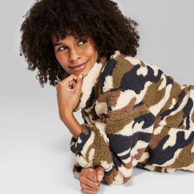 Women's Camo Print Long Sleeve Cowl Neck Sherpa Pullover - Wild Fable™ Olive | Target