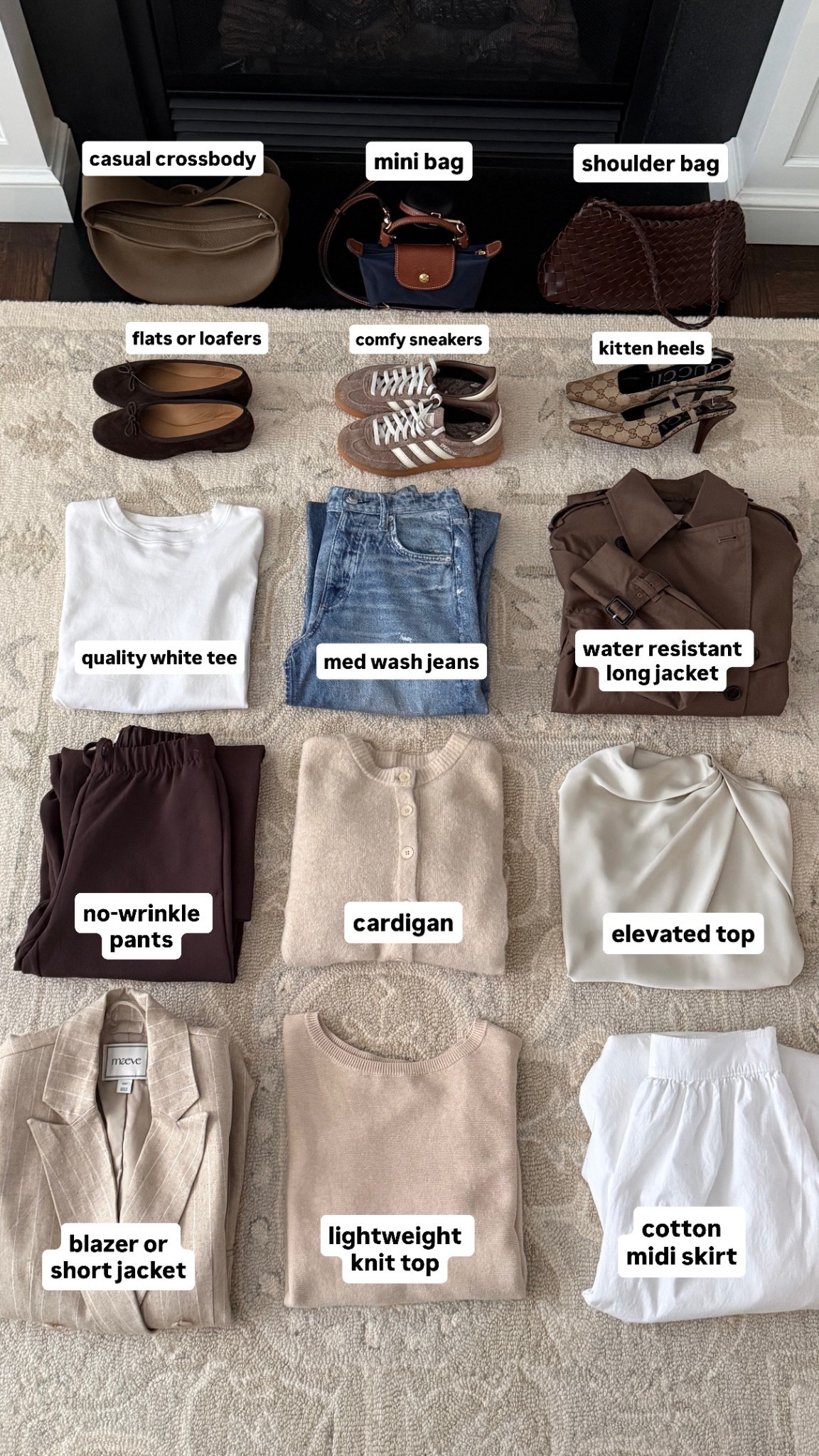 Mini spring capsule / travel light packing list  - 3 tops, 3 bottoms and 3 layers
***Size down on the adidas handball sneakers, size up on the dolce vita sneakers. Size DOWN on rag & bone sweatpant jeans. 

Tops:
• Aritzia drape blouse 2XS, loose fit, linked the Carter below which is very similar but runs bigger   
• Aritzia white cotton tee 2XS 
• Quince lightweight cotton Dolman sweater xs, oversized fit

Layers:
• Jcrew cardigan xxs 
• Aritzia Finch trench coat 2XS 
• Anthropologie oversized blazer xxs petite 

Bottoms:
• Rag and Bone “Miramar Sofie Ankle" jeans sz 23. Runs big so go down 1 size at the waist. “ankle” is actually long with a 30” inseam that I shrunk shorter to 27.5”. HEADS UP: All Miramar styles shrink in length if machine dried.

• Aritzia lodge pants 2XS short drapes beautifully and don’t wrinkle
 
• old Vineyard Vines white skirt, the jCrew one linked is great for petites and super similar! But check the length measurement since their  petite is a shorter midi length 

Shoes: 
• Adidas handball spezial sneakers 5 so comfy but runs big
• Madewell ballet flats 5.5
• Gucci slingbacks old

Accessories:
• Madewell silk scarf
• Longchamp mini bag with Amazon detachable strap kit
• Madewell sunglasses
• Anthropologie woven bag 
• Polo hat
• Amazon crossbody sling bag 
• Madewell belt xxs




#LTKTravel #LTKootd #LTKPetite
