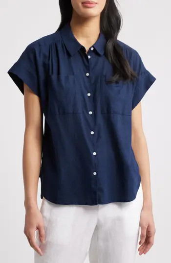 Caslon® Linen Blend Short Sleeve Button-Up Shirt in Navy Blazer at Nordstrom Rack, Size Small | Nordstrom Rack