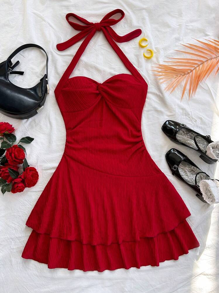 Soleia Plus Size Women Red Sexy Halter Tie Knot Front Bodycon Short Dress, Layered Ruffle , Spring/Summer Resort Christmas Christmas Valentine's Day | SHEIN