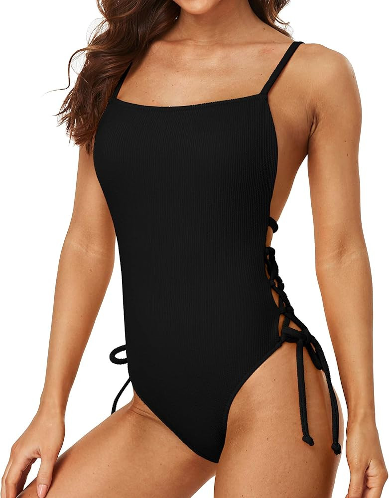 SOCIALA Womens Ribbed Tie Side One Piece Bathing Suits Padded Open Back Monokinis Swimsuits | Amazon (US)