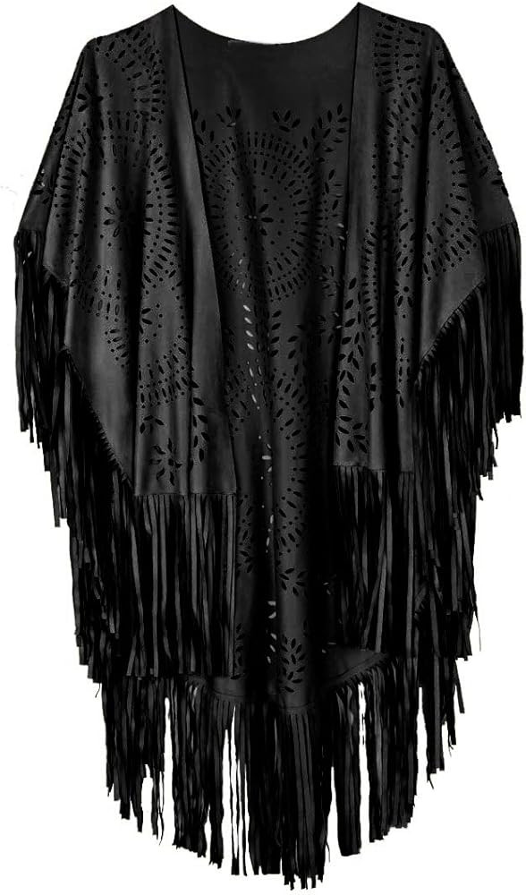 CHOiES record your inspired fashion Women's Suedette Cut Out Asymmetric Fringed Cape Kimono Blue ... | Amazon (US)