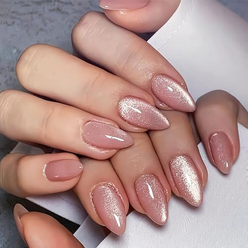 KQueenest Cat Eye Light Pink Press on Nails Medium Almond, 30 Pcs Glitter Nude Pink Fake Nails Press ons, Sparkly Acrylic Nails with UV Coating, Reusable Glue on Nails for Women Summer | Amazon (US)