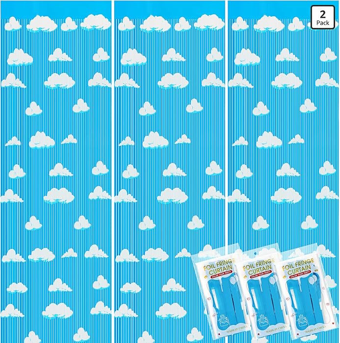 Blue Sky White Clouds Birthday Party Supplies, Clouds Theme Tinsel Foil Fringe Curtains Toy Party... | Amazon (US)