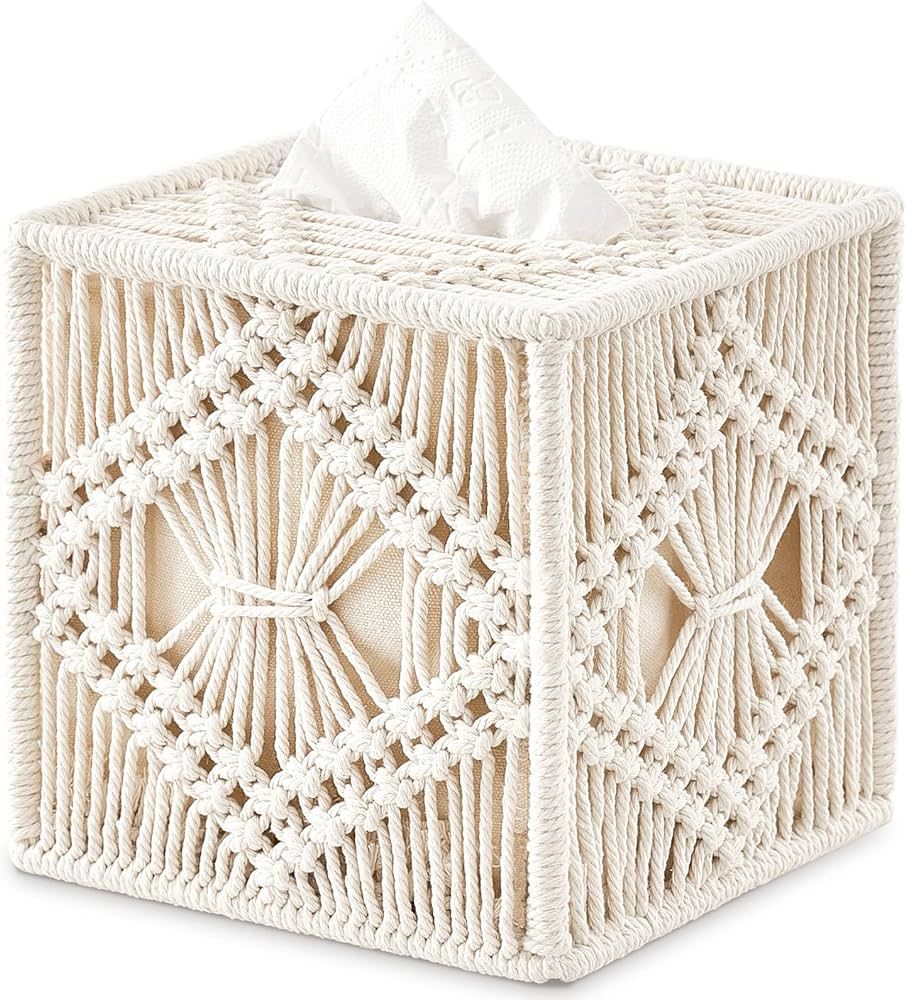 Mkono Tissue Box Cover Macrame Square Open-Bottom Tissue Box Holder Boho Decor Tissue Organizer B... | Amazon (US)