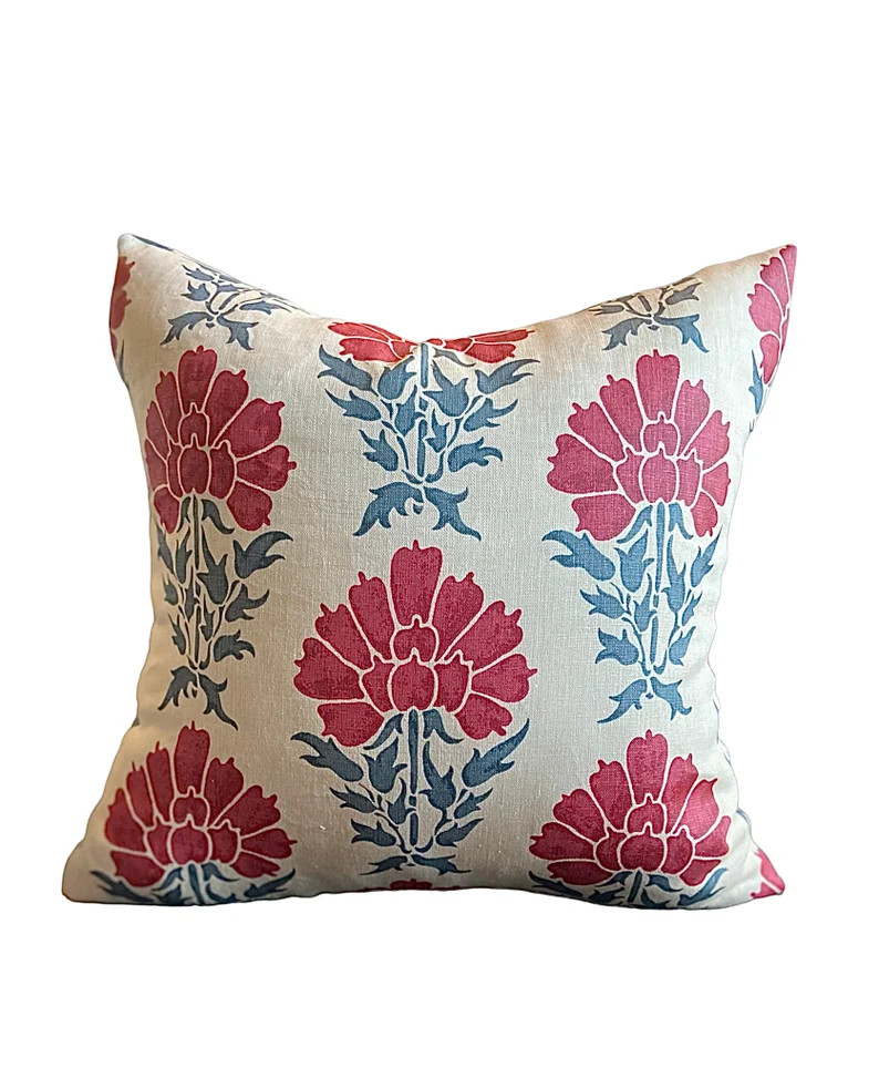 Persian Garnet Large Scale Red and Slate Blue Floral Pillow Cover, Guy Goodfellow Designer Pillow... | Etsy (US)