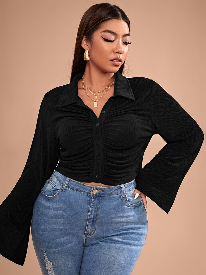 SHEIN EZwear Plus Flounce Sleeve Ruched Tee | SHEIN