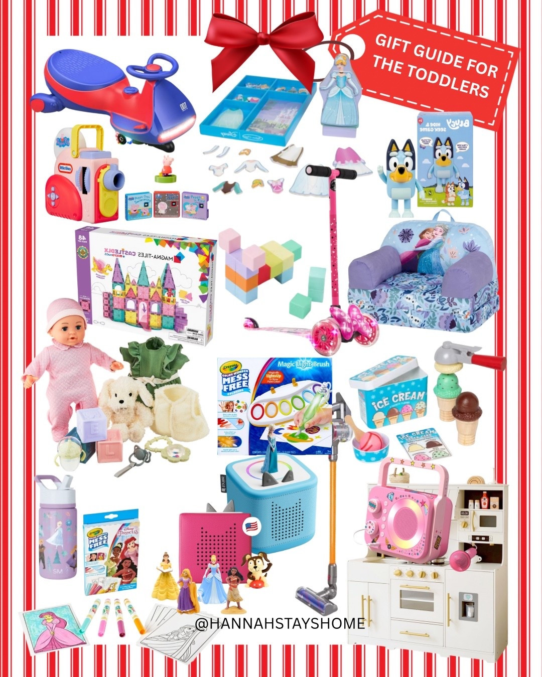 A curated gift guide filled with toddler favorites that inspire creativity, independence, and imaginative play.
From sensory toys and pretend play vacuums to cozy chairs and open-ended building sets — these are perfect for toddlers who love to explore and learn through play.

This guide features creative picks like the Crayola Magic Brush Set, Magna-Tiles Castle, Toniebox Audio Player, and soft pastel building blocks. You’ll also find ride-on toys, sensory kits, and cozy everyday favorites designed to keep little ones engaged for hours.

Shop all of my top toddler picks directly through this post to make holiday shopping simple and stress-free.
Save this post for later — and send it to family or grandparents who are shopping for your little one this year 🎄✨

#ToddlerGiftGuide #HannahStaysHome #HolidayGiftGuide #ToddlerGifts Finds #KidsGiftGuide #ToddlerToys #HolidayShopping #ToddlerMom

#LTKHoliday #LTKKids #LTKFindsUnder100 #LTKGiftGuide #LTKHoliday