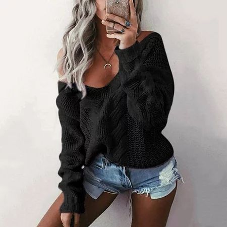 Fall Winter Plus Size Sweaters Women s Casual Solid Off Shoulder Pullover V-Neck Blouse Long Sleeve  | Walmart (US)