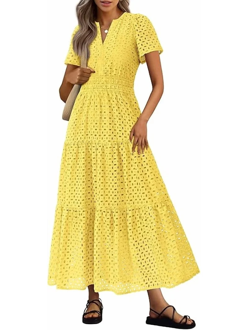PRETTYGARDEN Womens Summer Maxi Dress Short Sleeve V Neck Hollow Out Eyelet A Line Long Flowy Bea... | Walmart (US)