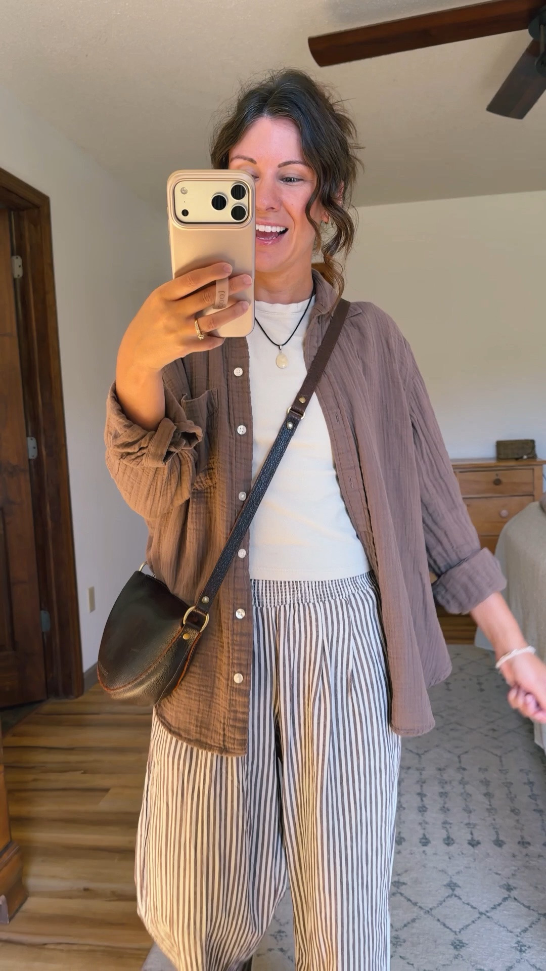 small in my tee shirt, xs in my gauze cotton button up, small in my striped pants and 6 in my sandals.

#LTKPetite #LTKSeasonal #LTKootd