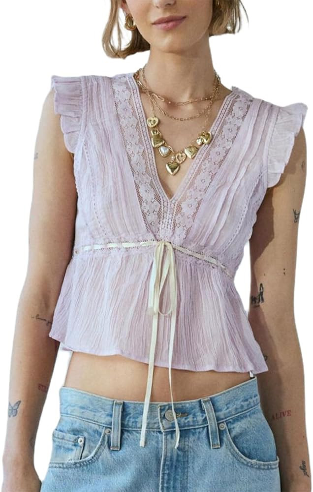 Women Lace Trim Shirts Sleeveless V Neck Flutter Sleeve Tie Front Cropped Tank Tops Slim Fit Goin... | Amazon (US)