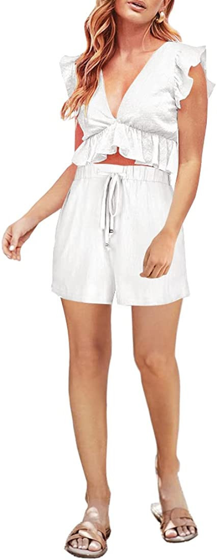 FANCYINN Womens Two Pieces Vacation Outfits Deep V Neck Ruffles Crop Top Drawstring Shorts Set | Amazon (US)