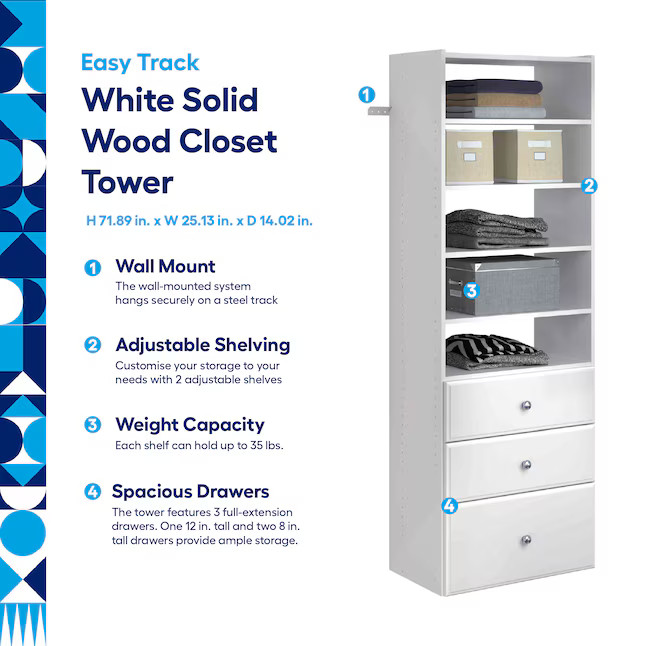 Easy Track White Pull-out drawer hanging rod Wood Closet Tower ( 25.13-in W x 14.02-in D ) | Lowe's