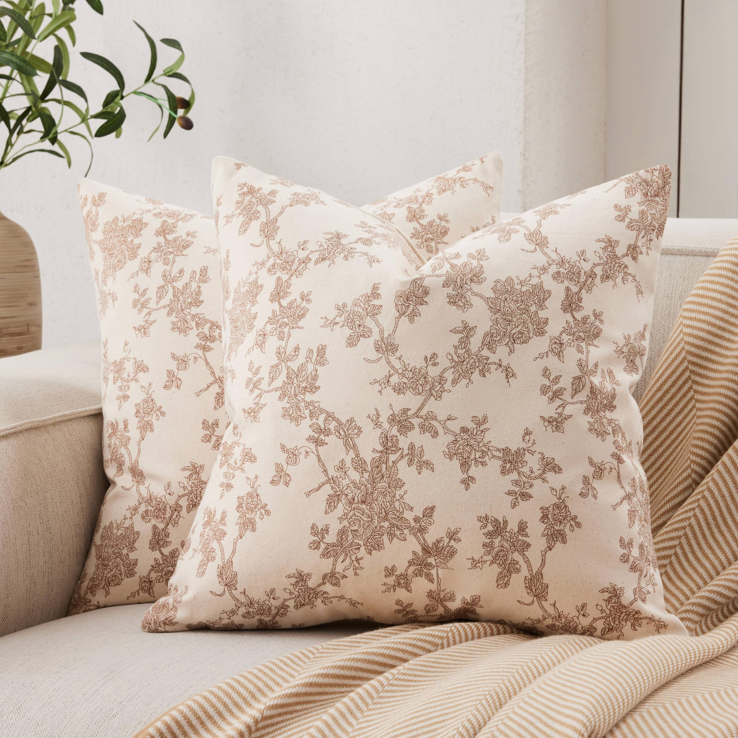 100% Cotton French Pastoral Throw Pillow Covers Set of 2, 22x22 Inch Brown Farmhouse Decorative C... | Amazon (US)