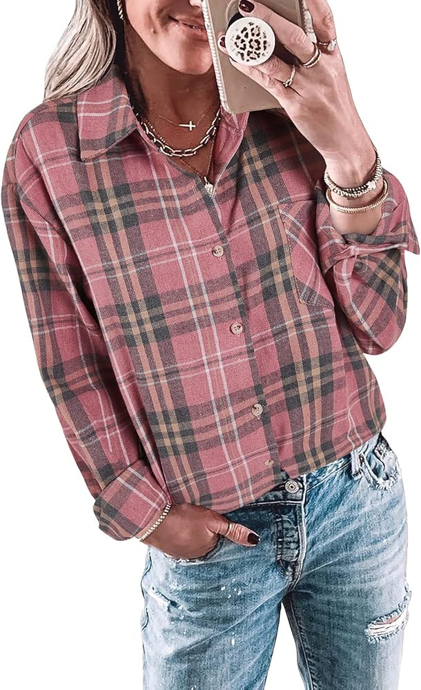 Wenrine Womens Long Sleeve Button Down Shirt Casual Plaid Flannel Shirt Collared Blouse Tops | Amazon (US)