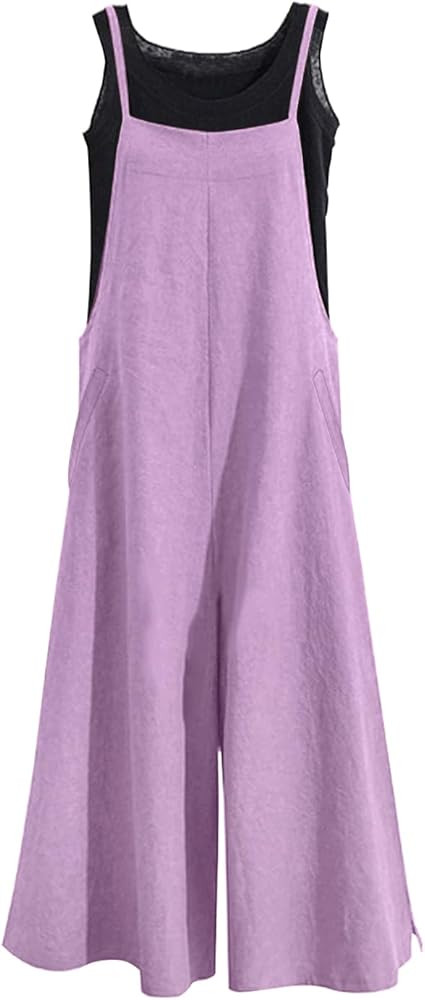YESNO Women Casual Loose Long Bib Pants Wide Leg Jumpsuits Baggy Cotton Rompers Overalls with Poc... | Amazon (US)