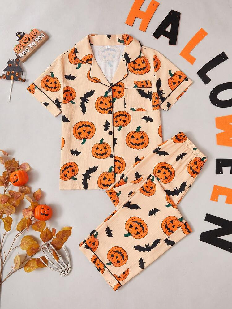 Halloween Kürbis & Fledermaus Muster Hemd Mit Kragen Und Kurzen Ärmeln Und Hose 2-Teiliger Schlafanzug Set | SHEIN