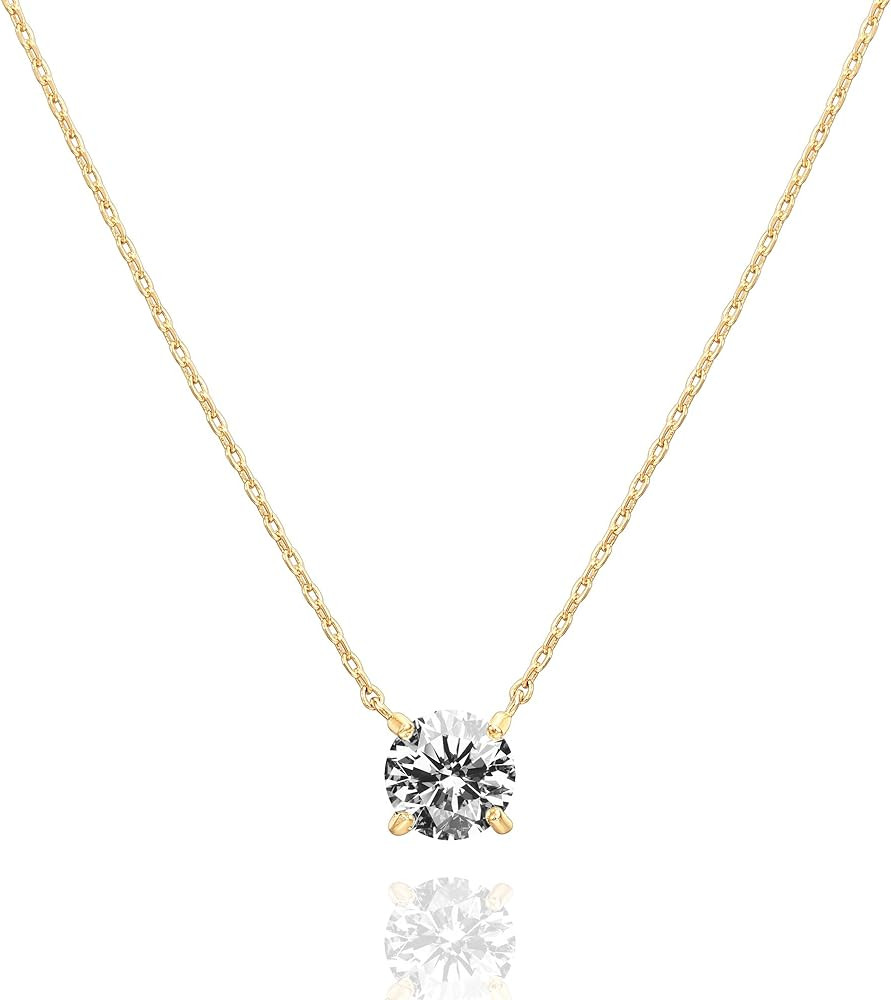PAVOI 14K Gold Plated Crystal Solitaire 1.5 Carat (7.3mm) Cubic Zirconia Dainty Choker Necklace |... | Amazon (US)