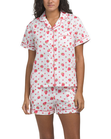 2Pc Strawberry Pajama Set For Women, Cotton | TJ Maxx