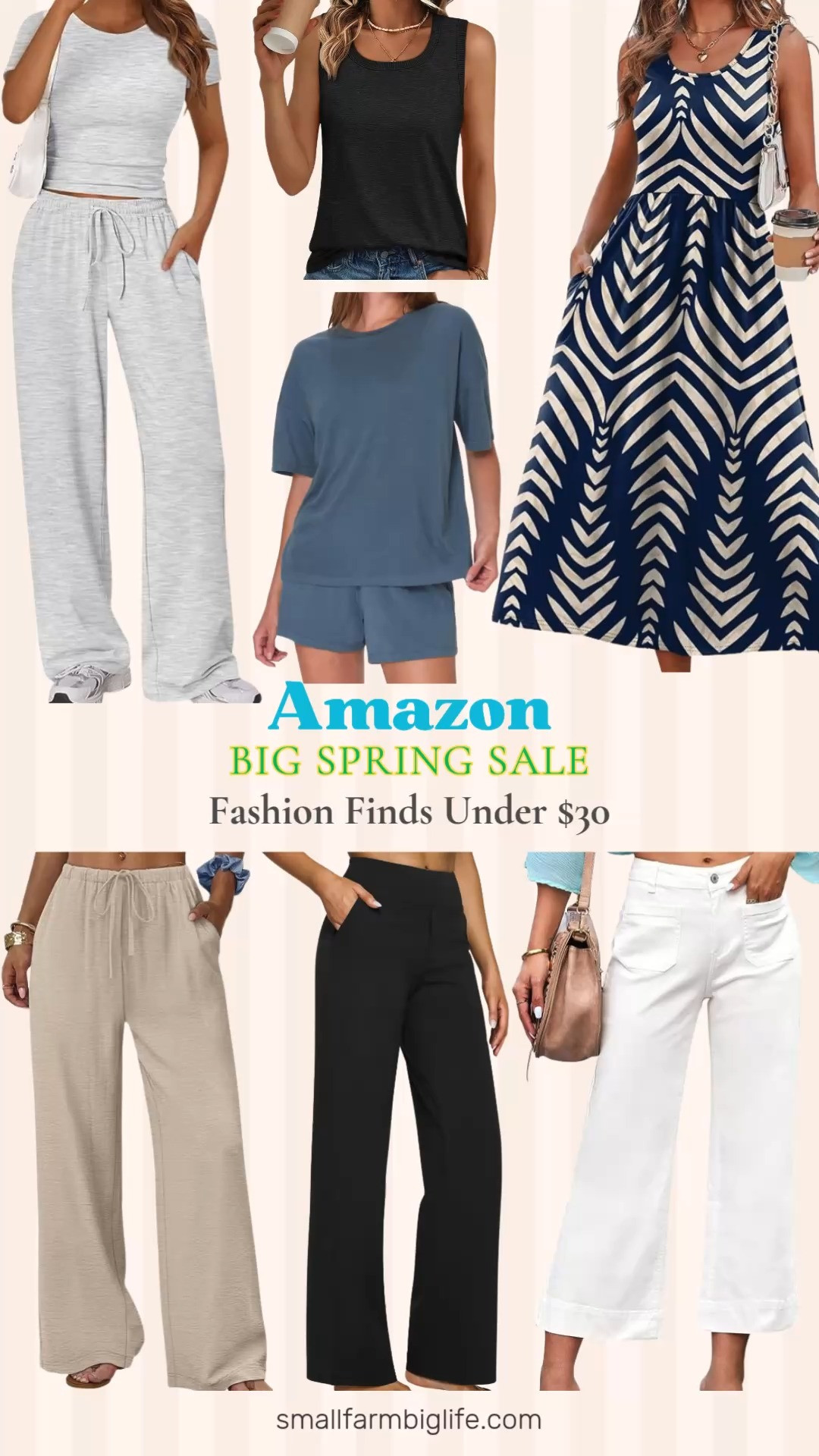 Amazon Big Spring Sale fashion finds under $30 and these are too good not to share before the sale ends March 31 🛍️✨ A navy blue patterned flowy casual midi dress, a light grey two piece matching lounge sweatsuit set, beige wide leg flowy palazzo drawstring pants, a black loose fit casual flowy tank top, a blue Hanes oversized tee and shorts pajama set that is so comfortable, white cropped wide leg jeans, and black wide leg yoga pants. Every single one of these is under $30 and on sale right now which makes this such a good time to stock up on spring and summer wardrobe staples. Whether you need something casual for lounging, an easy outfit for running errands, or a breezy dress for warmer days ahead Amazon has you completely covered at the best prices. Everything is linked and the sale ends Monday so do not wait! 🛒 

 #LTKootd #LTKOver40 #LTKSaleAlert