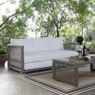 MODWAY Aura Gray Wicker Outdoor Sofa with White Cushions-EEI-2923-GRY-WHI - The Home Depot | The Home Depot